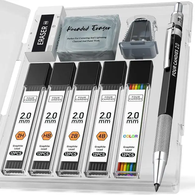 Main image of 2MM Mechanical Pencil Set with Case, Metal, 60 Lead Refills