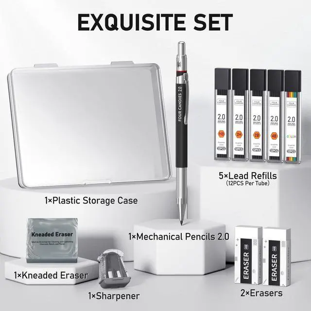 Alt view image 6 of 7 - 2MM Mechanical Pencil Set with Case, Metal, 60 Lead Refills