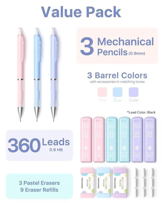 Alt view image 2 of 7 - 0.9mm Cute Mechanical Pencil Set, 3-Pack with Case