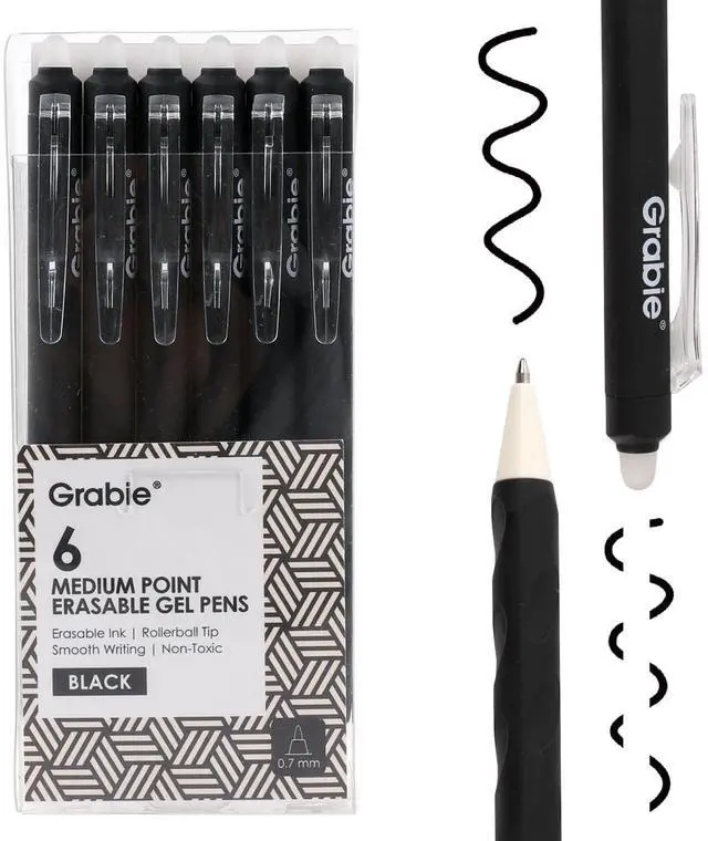 Main image of Erasable Gel Pens, 6 Black 0.7 mm Medium Point Pens