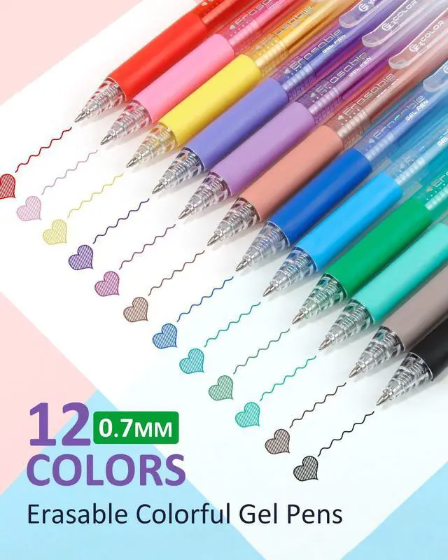 Alt view image 3 of 7 - 12 Colors Erasable Gel Pens, Fine Point 0.7mm Colored Erasable Pens