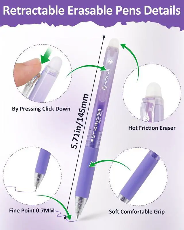 Alt view image 5 of 7 - 12 Colors Erasable Gel Pens, Fine Point 0.7mm Colored Erasable Pens