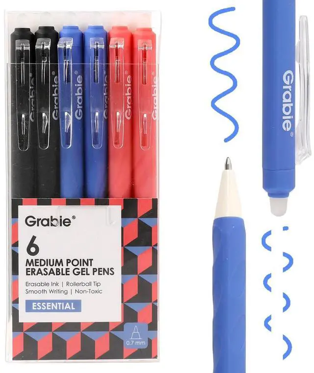Main image of Erasable Gel Pens, 6 Pack Black Blue Red 0.7 mm Pens