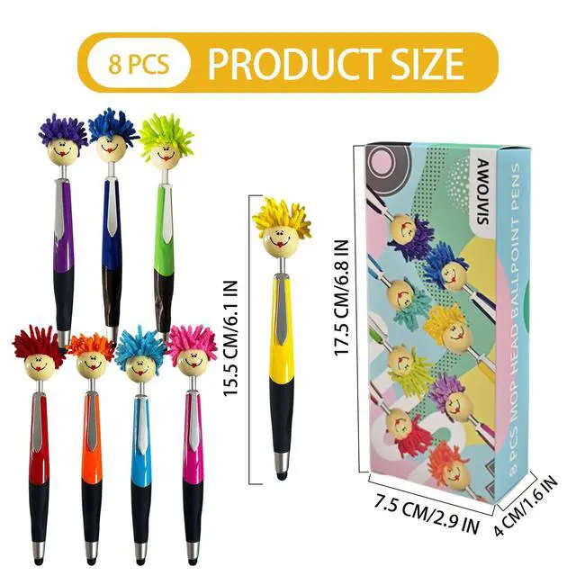 Alt view image 2 of 6 - Pens,ballpoint pen,8pcs Mop Head Ballpoint Pens, Funny Mophea Topper Pen with Plush Hair Writing Click Pen Portable Cute Cartoon Multi-function Signing Pens Decor Gift for Office Home Adultes