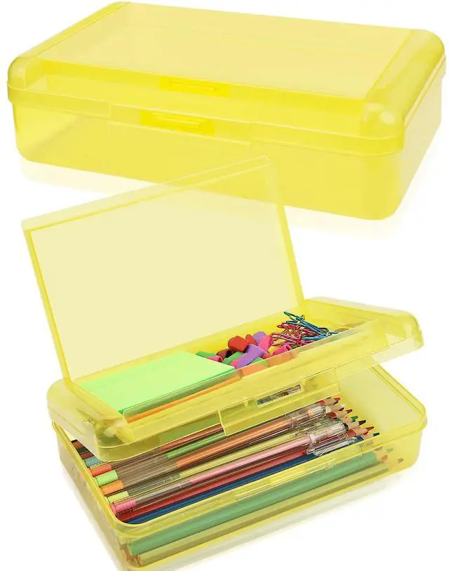 Main image of Large Pencil Box, Double Layer Capacity Pencils Holders, Clear Hard Pen Case with Snap-tight Lid, Plastic Pencil Case for Office School, Pen Boxes Storage School Box (Amber Yellow-1pcs)