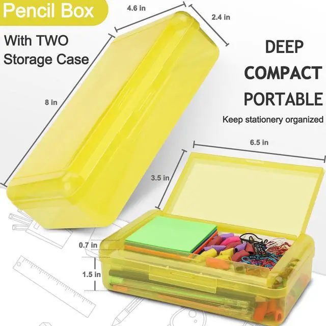Alt view image 2 of 7 - Large Pencil Box, Double Layer Capacity Pencils Holders, Clear Hard Pen Case with Snap-tight Lid, Plastic Pencil Case for Office School, Pen Boxes Storage School Box (Amber Yellow-1pcs)