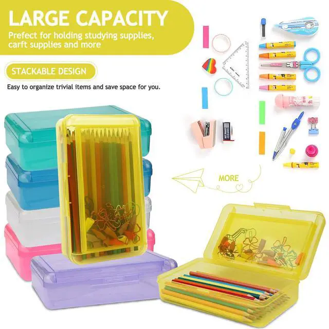 Alt view image 6 of 7 - Large Pencil Box, Double Layer Capacity Pencils Holders, Clear Hard Pen Case with Snap-tight Lid, Plastic Pencil Case for Office School, Pen Boxes Storage School Box (Amber Yellow-1pcs)