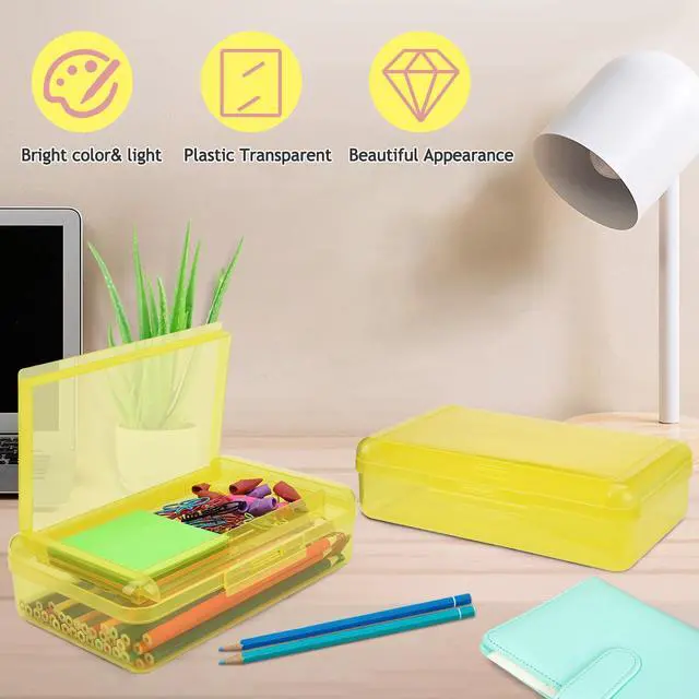 Alt view image 5 of 7 - Large Pencil Box, Double Layer Capacity Pencils Holders, Clear Hard Pen Case with Snap-tight Lid, Plastic Pencil Case for Office School, Pen Boxes Storage School Box (Amber Yellow-1pcs)