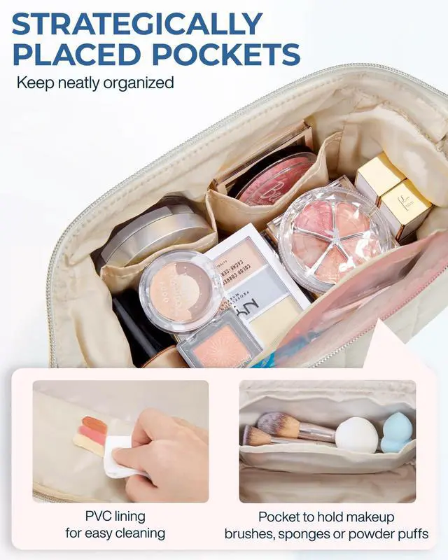 Alt view image 5 of 7 - Makeup Bag Travel Toiletry Bag, Wide-open Zipper Pouch, Beige
