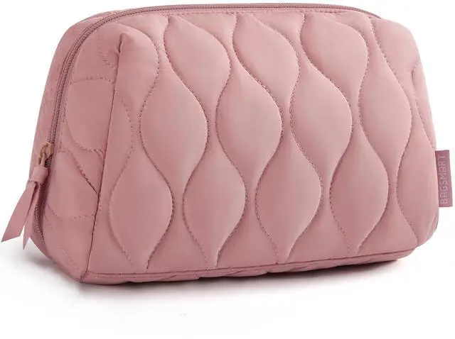 Main image of Makeup Bag, Travel Cosmetic Bag, Puffy Padded Make Up Bag for Women, Makeup Organizer Case, Wide-open Pouch Purse, Travel Essentials, Toiletries Accessories Brushes, Dark Pink
