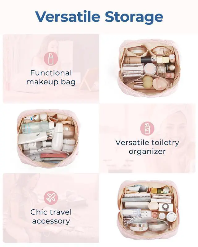 Alt view image 5 of 7 - Makeup Bag, Travel Cosmetic Bag, Puffy Padded Make Up Bag for Women, Makeup Organizer Case, Wide-open Pouch Purse, Travel Essentials, Toiletries Accessories Brushes, Dark Pink