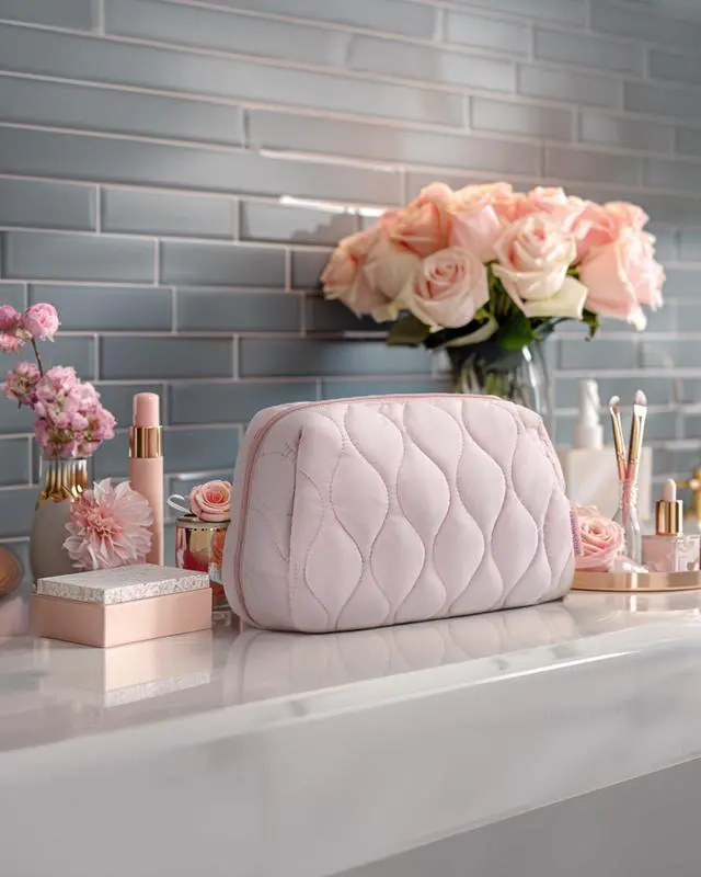 Alt view image 7 of 7 - Makeup Bag, Travel Cosmetic Bag, Puffy Padded Make Up Bag for Women, Makeup Organizer Case, Wide-open Pouch Purse, Travel Essentials, Toiletries Accessories Brushes, Dark Pink