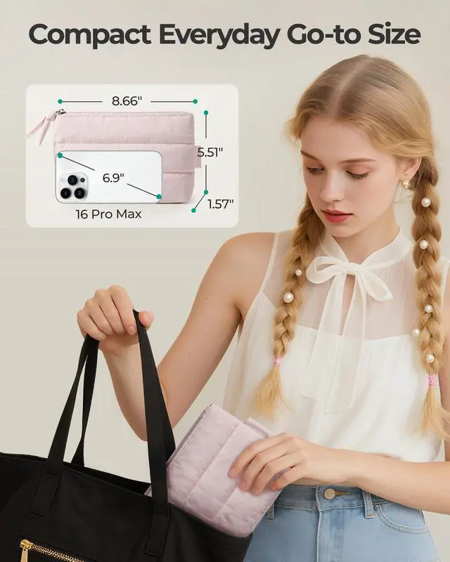 Alt view image 5 of 6 - Small Makeup Bag for Women, Puffy Travel Cosmetic Organizer, Black