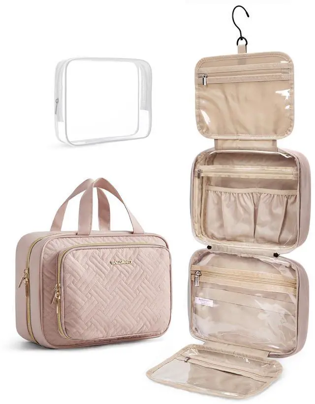 Main image of Toiletry Bag Hanging Travel Makeup Organizer with TSA Approved Transparent Cosmetic Bag Makeup Bag for Full Sized Toiletries, Medium-Pink
