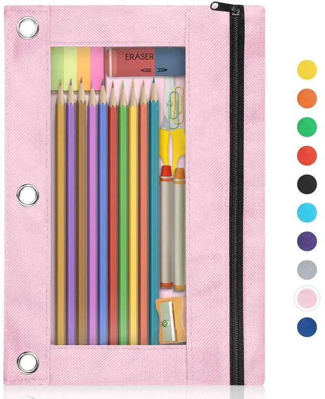 Main image of Pencil Pouch for 3 Ring Binder, Binder Pencil Pouch with Smooth Zipper, Clear Window Pencil Case for Binder, Zipper Pencil Pouches, Big Capacity 3 Ring Binder Pencil Bag, Pink