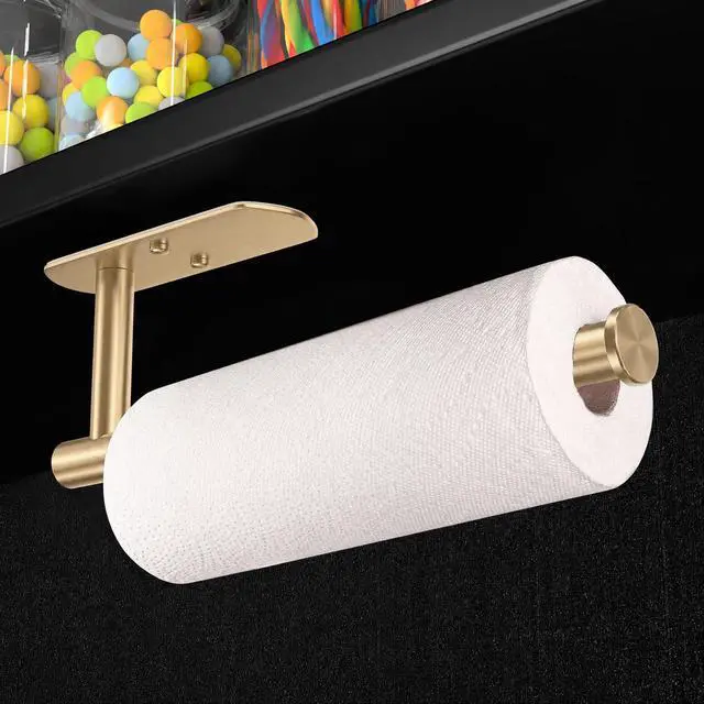 Alt view image 3 of 7 - Adhesive Paper Towel Holder Under Cabinet Wall Mount for Kitchen Paper Towel, Paper Towel Roll Holder Stick to Wall, Stainless Steel (Gold)