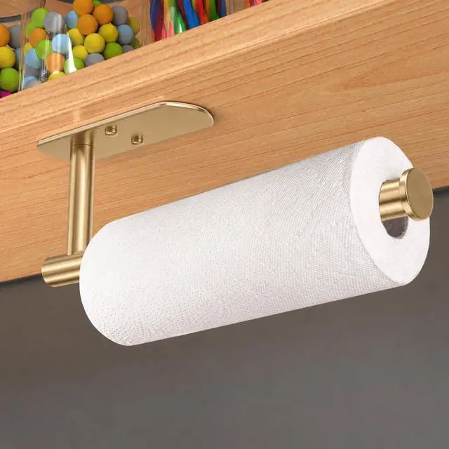 Alt view image 4 of 7 - Adhesive Paper Towel Holder Under Cabinet Wall Mount for Kitchen Paper Towel, Paper Towel Roll Holder Stick to Wall, Stainless Steel (Gold)