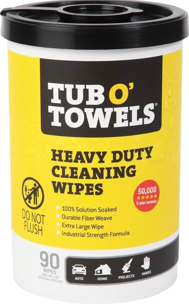 Main image of Heavy-Duty Multi-Surface Cleaning Wipes Extra-Large 10" x 12", 90-Count Canister Removes Grease, Tar, Ink & Tough Stains Safe for Home, Auto, Garage & More