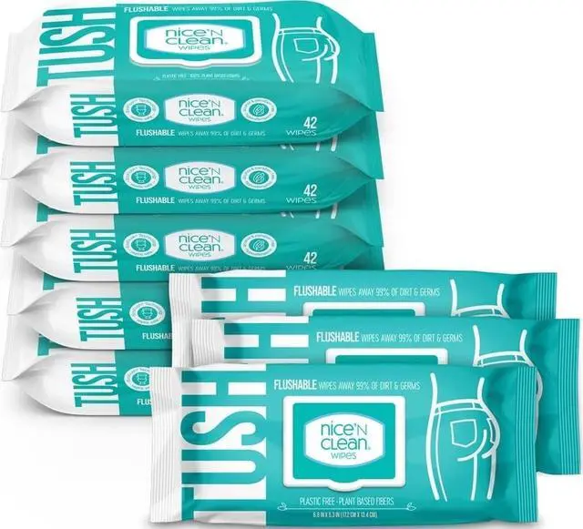 Main image of Adult Flushable Wipes (8 x 42 Count) | Personal Cleansing Wipes Made from Plant-Based Fibers | Infused with Aloe & Vitamin E
