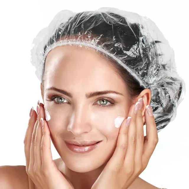 Main image of 100pk Disposable Shower Caps LARGE SIZE 50cm/20in Unisex Plastic Hair Caps for Deep Conditioning Shower Cap Reusable Waterproof for Women Men Thin Design