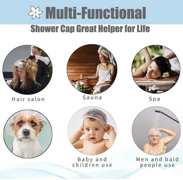 Alt view image 5 of 6 - 100pk Disposable Shower Caps LARGE SIZE 50cm/20in Unisex Plastic Hair Caps for Deep Conditioning Shower Cap Reusable Waterproof for Women Men Thin Design