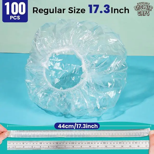 Alt view image 3 of 7 - 100PCS Disposable Shower Caps, Shower Caps for Women Disposable, Clear Plastic Shower Cap, Plastic Hair Caps for Hair Treatment, Regular Size 17.3 INCH