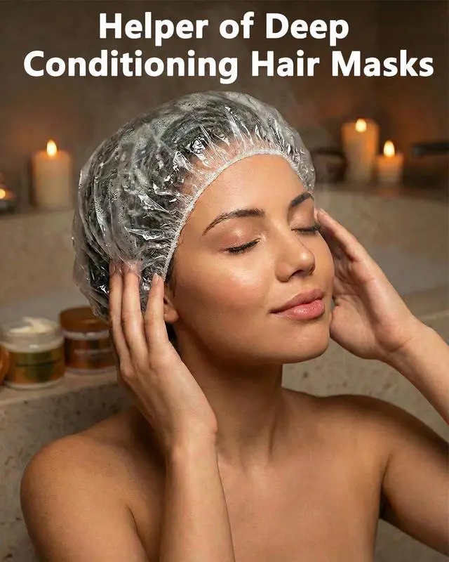 Alt view image 2 of 7 - Shower Cap Disposable,100 PCS Bath Caps Large Thick Clear Waterproof Plastic Elastic Hair Bath Caps for Women Deep Conditioning Hair Care Hotel Travel Essentials Accessories