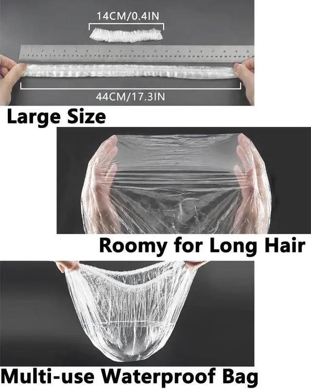 Alt view image 4 of 7 - Shower Cap Disposable,100 PCS Bath Caps Large Thick Clear Waterproof Plastic Elastic Hair Bath Caps for Women Deep Conditioning Hair Care Hotel Travel Essentials Accessories