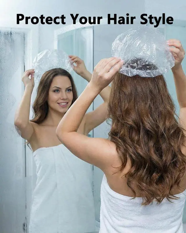 Alt view image 7 of 7 - Shower Cap Disposable,100 PCS Bath Caps Large Thick Clear Waterproof Plastic Elastic Hair Bath Caps for Women Deep Conditioning Hair Care Hotel Travel Essentials Accessories