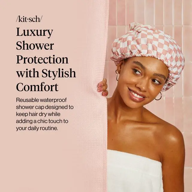Alt view image 2 of 7 - Luxury Satin-Lined Flexi Shower Cap for Women - Terracotta Checker