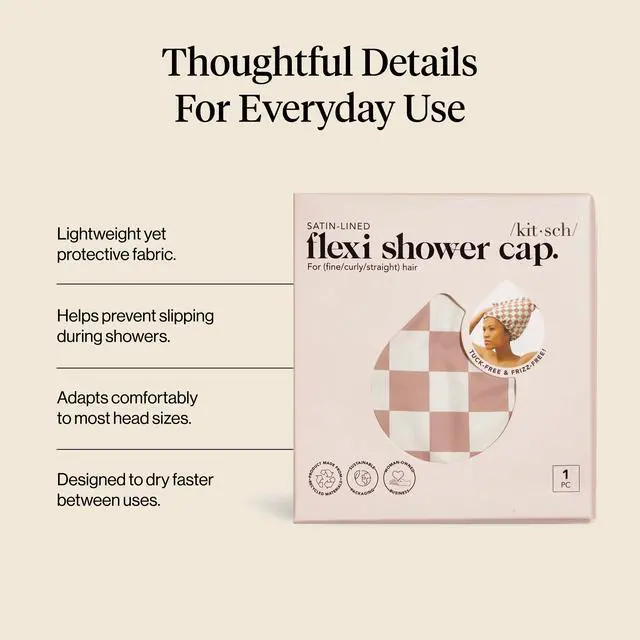 Alt view image 3 of 7 - Luxury Satin-Lined Flexi Shower Cap for Women - Terracotta Checker