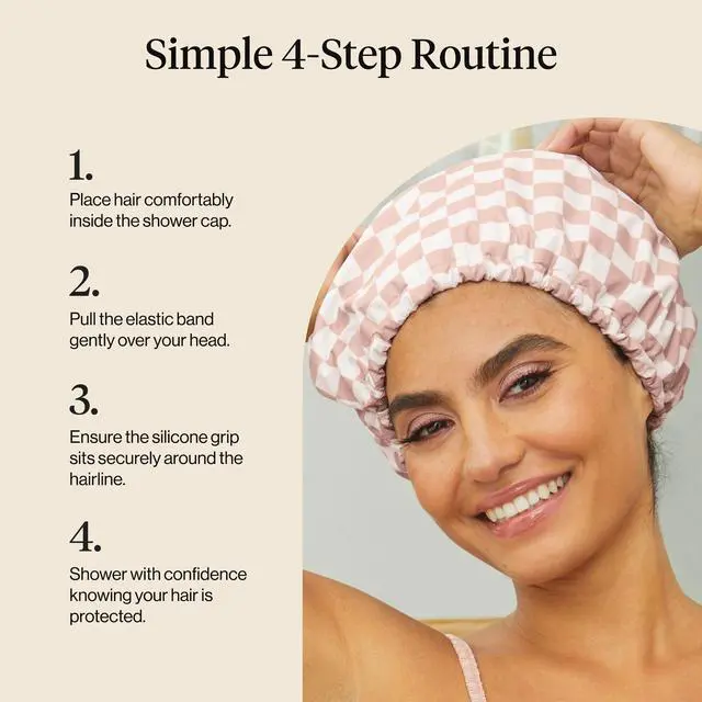 Alt view image 7 of 7 - Luxury Satin-Lined Flexi Shower Cap for Women - Terracotta Checker