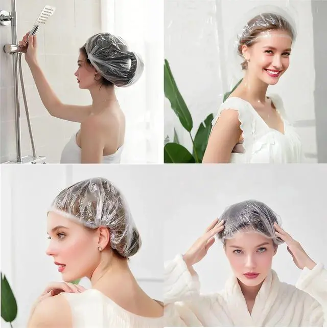 Alt view image 5 of 7 - 200PCS Disposable Shower Caps, Plastic Clear Hair Cap Large Thick Waterproof Bath Caps for Women & Men Unisex Reusable Travel Essentials for Deep Conditioning, Hair Treatment, Hotel, Spa, and Home Use