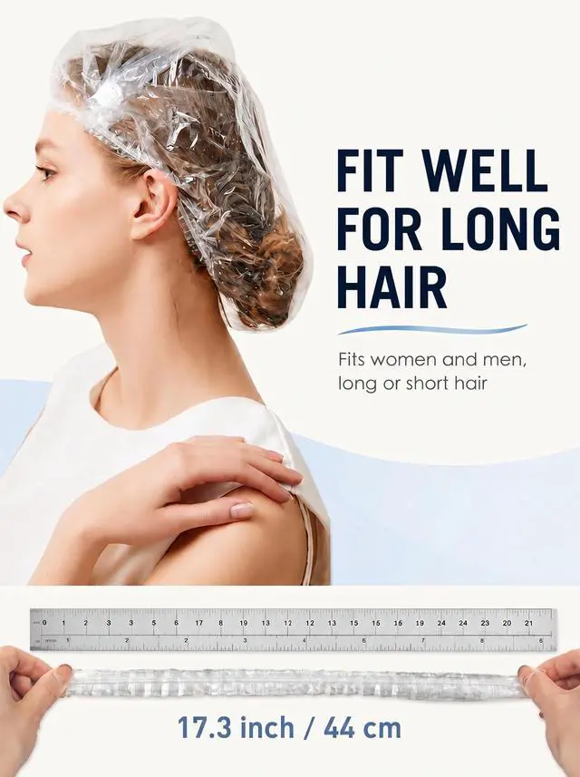 Alt view image 2 of 7 - 30PCS Disposable Shower Caps, Plastic Clear Hair Cap Large Thick Waterproof Bath Caps for Women, Hotel Travel Essentials Accessories Deep Conditioning Hair Care Cleaning Supplies(17.3")