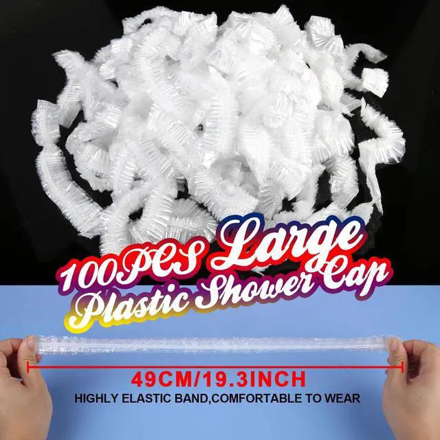 Alt view image 2 of 7 - 100PCS Disposable Shower Caps, Large Shower Caps for Women Disposable, Clear Plastic Shower Cap, Plastic Hair Caps for Hair Treatment, Large Size 19.3 INCH
