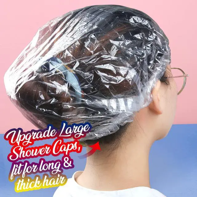 Alt view image 3 of 7 - 100PCS Disposable Shower Caps, Large Shower Caps for Women Disposable, Clear Plastic Shower Cap, Plastic Hair Caps for Hair Treatment, Large Size 19.3 INCH
