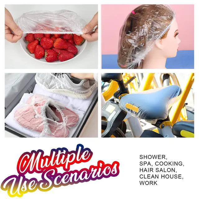 Alt view image 6 of 7 - 100PCS Disposable Shower Caps, Large Shower Caps for Women Disposable, Clear Plastic Shower Cap, Plastic Hair Caps for Hair Treatment, Large Size 19.3 INCH