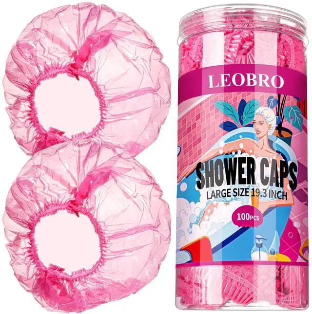 Main image of Disposable Shower Caps, 100PCS Large Shower Cap, Plastic Shower Caps for Women Disposable, Thick Plastic Caps for Hair Treatment, Large Size 19.3 INCH, Pink