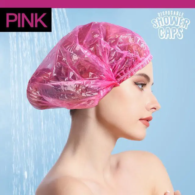 Alt view image 2 of 7 - Disposable Shower Caps, 100PCS Large Shower Cap, Plastic Shower Caps for Women Disposable, Thick Plastic Caps for Hair Treatment, Large Size 19.3 INCH, Pink