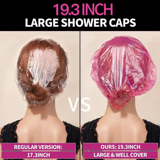 Alt view image 3 of 7 - Disposable Shower Caps, 100PCS Large Shower Cap, Plastic Shower Caps for Women Disposable, Thick Plastic Caps for Hair Treatment, Large Size 19.3 INCH, Pink