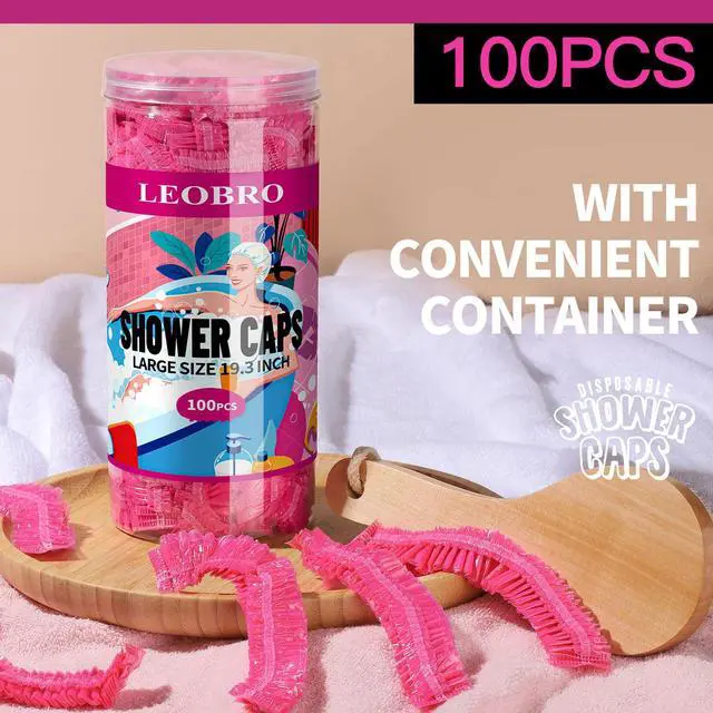 Alt view image 4 of 7 - Disposable Shower Caps, 100PCS Large Shower Cap, Plastic Shower Caps for Women Disposable, Thick Plastic Caps for Hair Treatment, Large Size 19.3 INCH, Pink