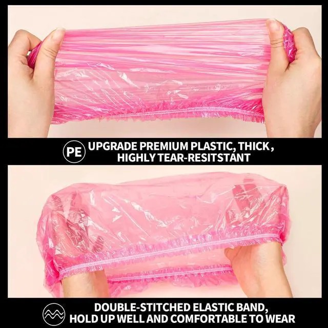 Alt view image 5 of 7 - Disposable Shower Caps, 100PCS Large Shower Cap, Plastic Shower Caps for Women Disposable, Thick Plastic Caps for Hair Treatment, Large Size 19.3 INCH, Pink