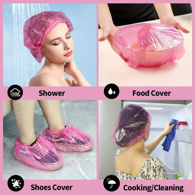 Alt view image 7 of 7 - Disposable Shower Caps, 100PCS Large Shower Cap, Plastic Shower Caps for Women Disposable, Thick Plastic Caps for Hair Treatment, Large Size 19.3 INCH, Pink