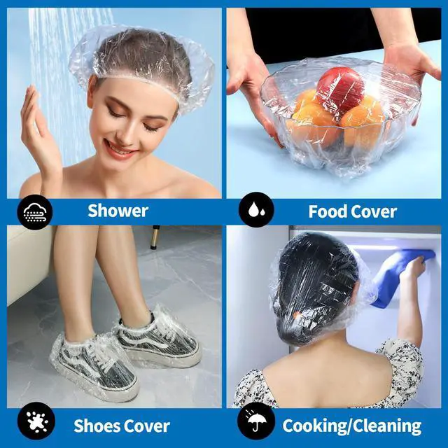 Alt view image 7 of 7 - Large Disposable Shower Cap, 100PCS Shower Cap, Plastic Shower Caps for Women Disposable, Clear Thick Plastic Caps for Hair Treatment, Large Size 20.5 INCH