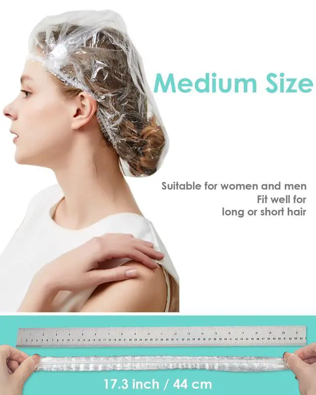 Alt view image 2 of 7 - Disposable Shower Cap, 100 PCS Hair Cap Thickening Clear Plastic Waterproof Bath Caps for Hair Treatment, Spa Salon Hotel and Home Use, Portable Travel(17.3)