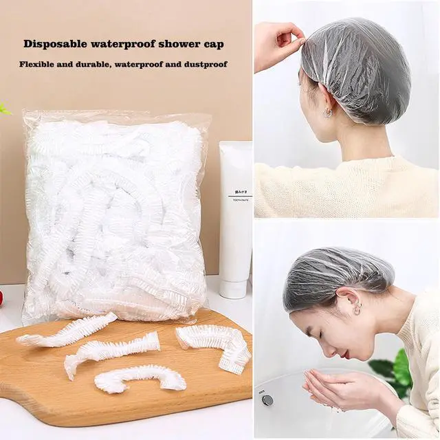 Alt view image 5 of 7 - 100 PCS Disposable Shower Caps Thickened Waterproof Hair Bath Caps for Women Men Girls Travel Spa Hotel Home Use Salon - Multi-Purpose Elastic Plastic Clear Shower Caps, Essentials Accessories(20.5")