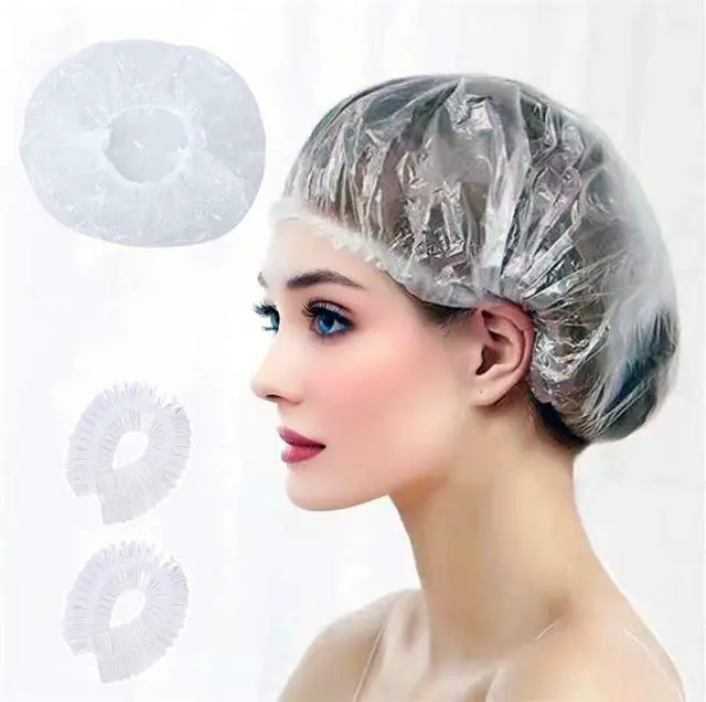 Main image of 200 PCS Disposable Shower Caps Thickened Waterproof Hair Bath Caps for Women Men Girls Travel Spa Hotel Home Use Salon - Multi-Purpose Elastic Plastic Shower Caps, Essentials Accessories 18.1" (Clear)