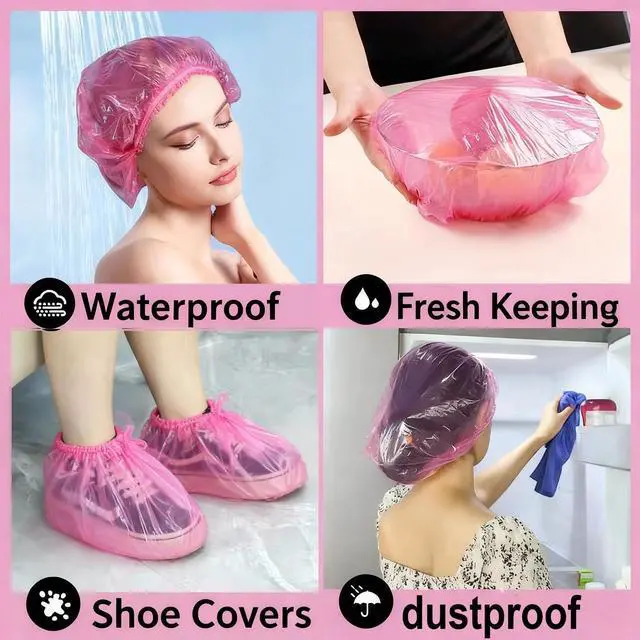 Alt view image 2 of 7 - 200 PCS Disposable Shower Caps Thickened Waterproof Hair Bath Caps for Women Men Girls Travel Spa Hotel Home Use Salon - Multi-Purpose Elastic Plastic Shower Caps, Essentials Accessories 18.1" (Pink)