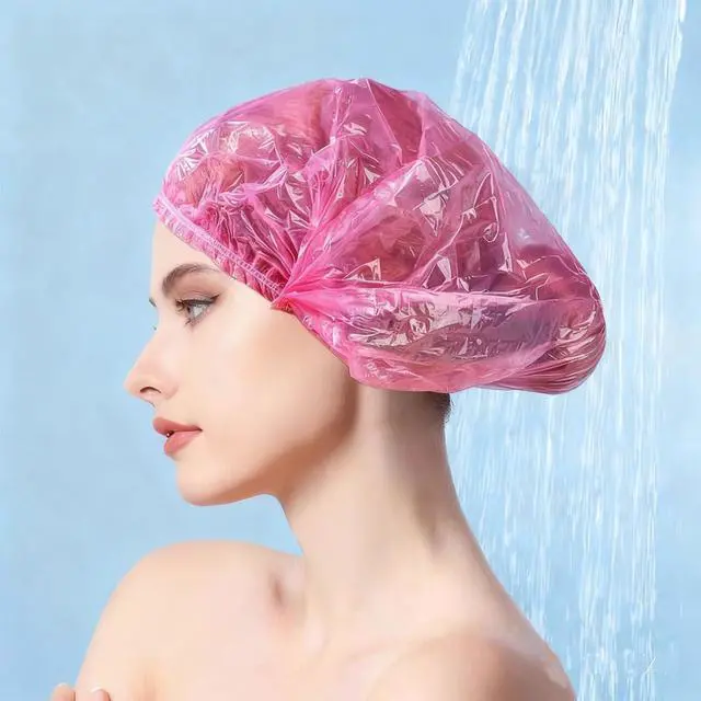 Alt view image 3 of 7 - 200 PCS Disposable Shower Caps Thickened Waterproof Hair Bath Caps for Women Men Girls Travel Spa Hotel Home Use Salon - Multi-Purpose Elastic Plastic Shower Caps, Essentials Accessories 18.1" (Pink)
