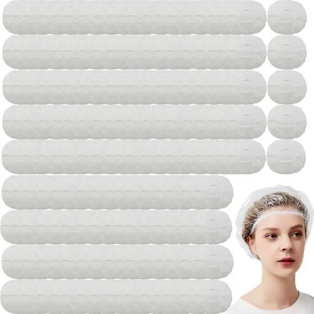 Main image of 200PCS Disposable Shower Caps Bulk 16" Plastic Clear Hair Cap Elastic Waterproof Bath Caps for Women Hair Care Cleaning Supplies Spa Hotel and Hair Salon Home Use Travel Accessories
